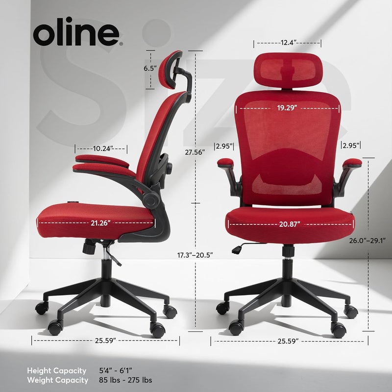 Oline ErgoAir Ergonomic Office Chair – Adjustable Lumbar Support, Flip-Up Armrests, Mesh Computer Desk Chair, Swivel Rolling Executive Gaming Chair for Home & Office (Red) - Image 3
